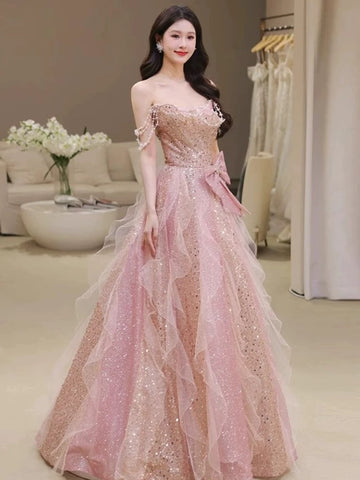A Line Off The Shoulder Tulle Pink Floor Length Evening Dress Prom Dresses SD1639